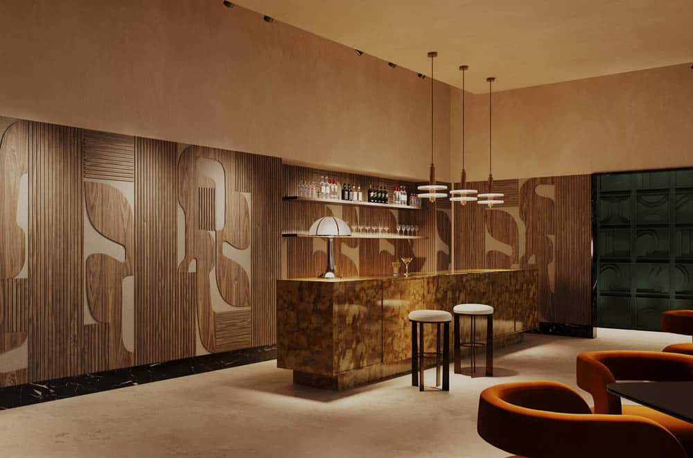 Paneles acústicos de madera con diseño orgánico en barra de hotel – aislamiento sonoro integrado en interiorismo de hostelería