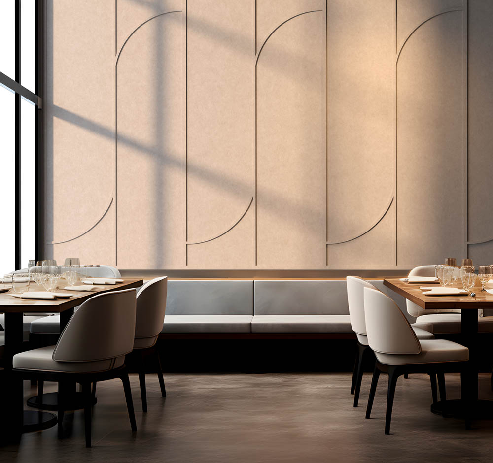 Panel acústico decorativo con diseño geométrico en comedor de restaurante – aislamiento sonoro para salas de restauración