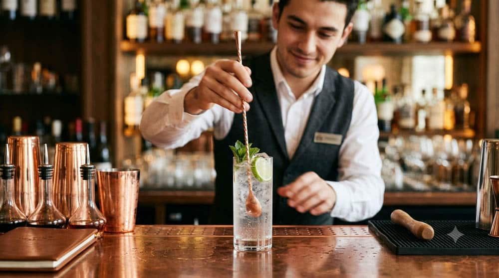Bartender removiendo con una cuchara de barra un highball con menta y lima, junto a cocteleras y jiggers de cobre
