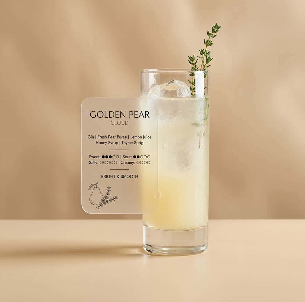 Cóctel Golden Pear Cloud en vaso highball con tomillo y una tarjeta que indica ingredientes y perfil de sabor