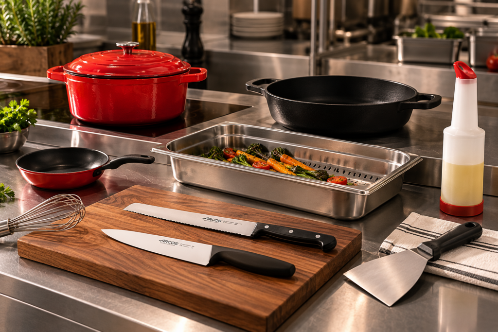 Cocotte roja, cazuela de hierro, sartén, cubeta gastronorm con verduras asadas, tabla de madera con cuchillos, varillas y espátula en cocina profesional, imagen ilustrativa