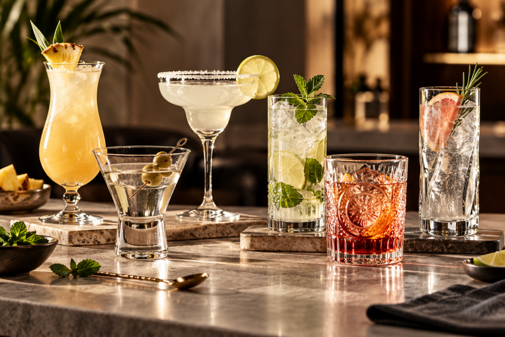 Cócteles servidos en copa hurricane, copa de martini, copa margarita, vaso alto y vaso bajo tallado sobre una barra de piedra, imagen ilustrativa