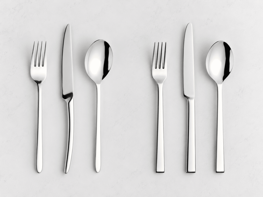 Dos juegos de cubertería de acero inoxidable pulido, con tenedor, cuchillo y cuchara, uno de mango redondeado y otro de mango recto, sobre fondo claro