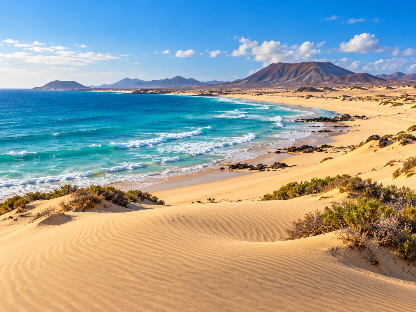Dunas de arena dorada y mar turquesa con montañas volcánicas al fondo en la costa de Fuerteventura