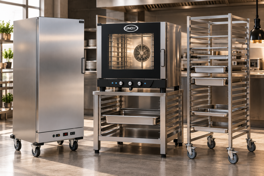 rmario móvil de acero inoxidable, horno de convección Unox sobre soporte con bandejas y carro portabandejas con cubetas gastronorm en cocina profesional, imagen ilustrativa