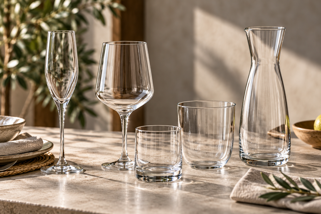 Copa de cava, copa de vino, vasos bajo y ancho y jarra de cristal sobre mesa de piedra con luz natural, imagen ilustrativa